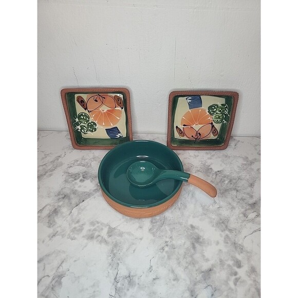 Ariba Terracotta Salsa Bowl with Spoon Pottery Ladle & San Remo Chips Dishes - Picture 2 of 13